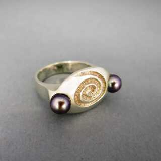 Unique handmade by goldsmith ladys sterling silver ring with two dark grey pearls