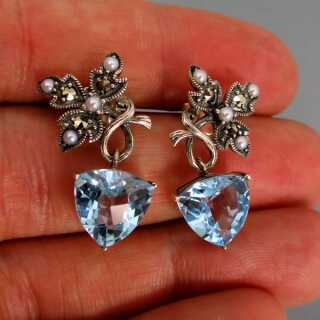 Silberne Ohrstecker Ohrringe mit schönen Blautopasen und Markasiten