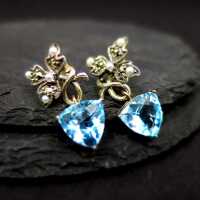 Vintage leaf stud earrings in silver with blue topaz, marcasites and pearls 