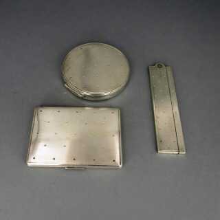 Three-pieces set compact cigarette box and a comb mounted in sterling silver