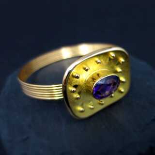 Unique gold bangle with a big amethyst granulation goldsmiths work jewelry