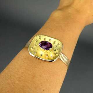 Unique gold bangle with a big amethyst granulation goldsmiths work jewelry