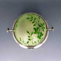 Art Nouveau turnover caviar bowl with domed ice glass lid green enamel paintings