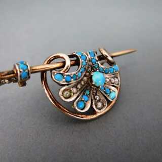 Wunderschöne antike Brosche in Silber und Gold mit Türkisen und Perlen