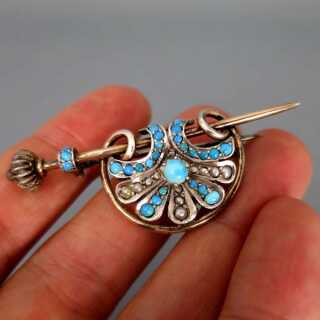 Wunderschöne antike Brosche in Silber und Gold mit Türkisen und Perlen