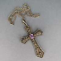 Beautiful huge cross shaped silver pendant with ametyst and long chain 