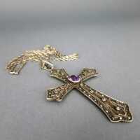 Beautiful huge cross shaped silver pendant with ametyst and long chain 