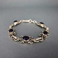 Charming ladys link silver bracelet with beautiful amethyst cabochons vintage 