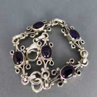 Charming ladys link silver bracelet with beautiful amethyst cabochons vintage 