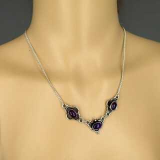 Delicate silver necklace with violet amethyst cabochon vintage ladys jewelry