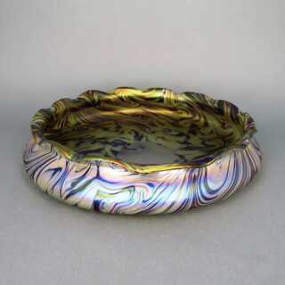 Huge Art Nouveau glass bowl Josel Rindskopf Teplitz corrugated pattern iridescent