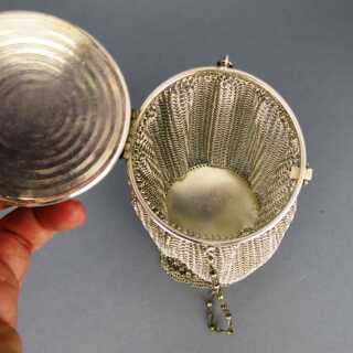 Antique mesh purse bag with compact box silver plated metal enamel and mirror