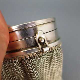 Antique mesh purse bag with compact box silver plated metal enamel and mirror