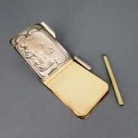 Beautiful small antique Art Nouveau notepad with relief decor and a small pencil