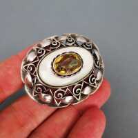 Rich Art Nouveau silver oval brooch with mother of pearl and citrine stone