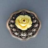 Antique Art Nouveau open worked silver brooch ivory rose...