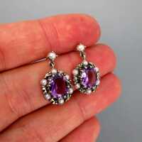 Nice dangling stud earrings in silver with amethyst and seed pearls