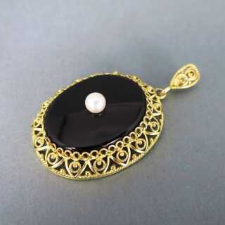 Antiker Damen Anhänger in Silber und Gold mit schwarzem Onyx und Perle