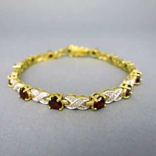 Vintage Tennis Armband in Gold und Silber mit roten Granatsteinen Herzen 