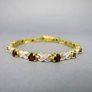 Vintage Tennis Armband in Gold und Silber mit roten Granatsteinen Herzen 