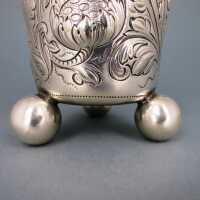 Antique ball feet silver beaker with floral decor Hanau Germany 19th century
