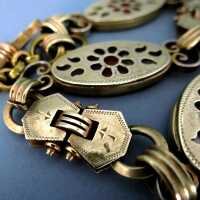 Prächtige antike Uhrenkette mit Sonnenstein USA Jugendstil vergoldet Handarbeit