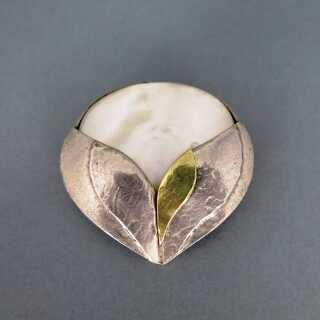 Rare Perli brooch and pendant in silver gold with mother of pearl modernist 