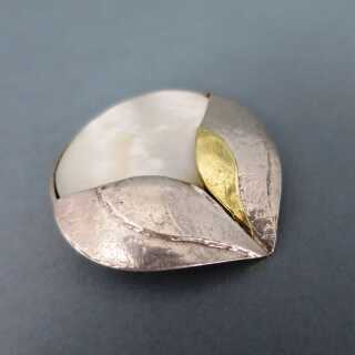 Rare Perli brooch and pendant in silver gold with mother of pearl modernist 