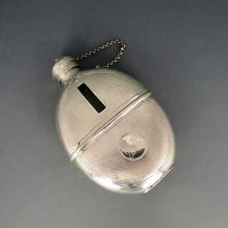 Antique silver plated hip flask with glass inlay and drinking cup travel hunter