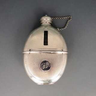 Antique silver plated hip flask with glass inlay and drinking cup travel hunter