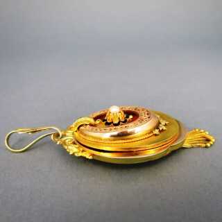 Großer antiker Biedermeier Anhänger Medaillon in Gold mit Perle und Emaille 