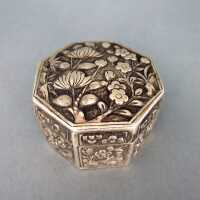 Bezaubernde antike Silber Dose mit Lotus und Kirschblüten Handarbeit Japan 