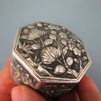 Beautiful antique silver trinket box China Japan with lotus and cherry flowers