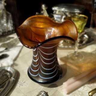 Antique Art Nouveau Poschinger glass vase gold brown iridescent white threaded
