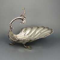 Gorgeous antique silver bowl from Portugal shell shaped with dolphin figures 