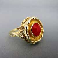 Unique handmade gold ring with a red mediterranean coral...