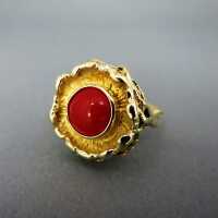 Unique handmade gold ring with a red mediterranean coral cabochon