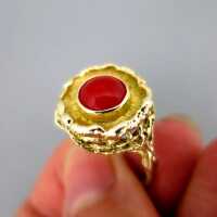 Unique handmade gold ring with a red mediterranean coral cabochon