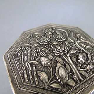 Antike Jugendstil Silber Dose aus China um 1900 mit Bambusmotiven
