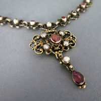 Antique renaissance revival collier in silver with torumaline and pearls