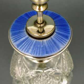 Art Deco perfume flask bottle in crystal glass, sterling silver and blue enamel