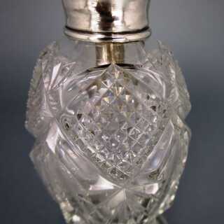 Art Deco perfume flask bottle in crystal glass, sterling silver and blue enamel
