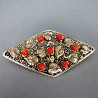 Beautiful Art Deco open worked silver brooch with Sardegna red coral beads