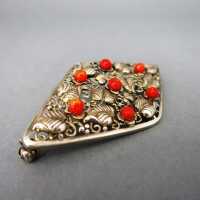 Beautiful Art Deco open worked silver brooch with Sardegna red coral beads