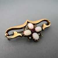 Art Nouveau gold doublé brooch with genuine opal, seed pearls and red tourmaline