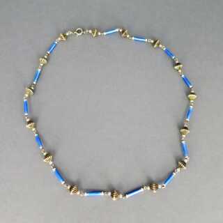 Rare Art Deco necklace collier with blue guilloche enamel and seed pearls