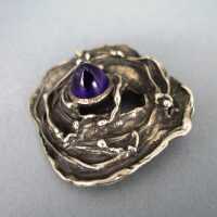 Unique modernist massive silver brooch with amethyst cabochon Studio Oly