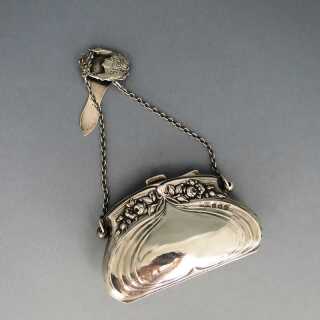 Antike Silber Jugendstil Handtasche Börse mit Chatelaine, Rosenrelief und Leder 