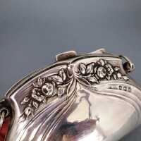 Antike Silber Jugendstil Handtasche Börse mit Chatelaine, Rosenrelief und Leder 