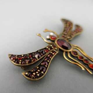 Antike Libellen Brosche in Silber und Gold mit roten Granatsteinen und Perlen